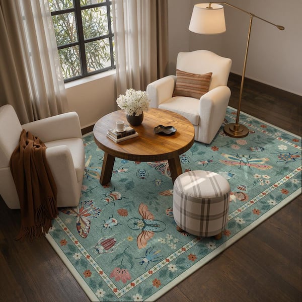 Washable Modern Insect Pattern Non Slip Green 5 ft. x 7 ft. Living Room/Bedroom Indoor Area Rug