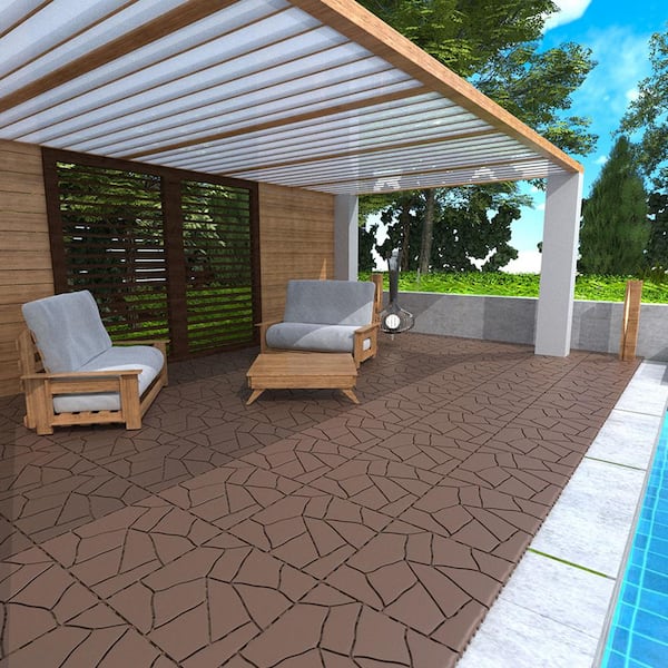Tunearary 12 in. x 12 in. Brown Outdoor Modular Faux Stone Pattern Interlocking Deck Tile Floor Tile, DIY, 44-Pieces