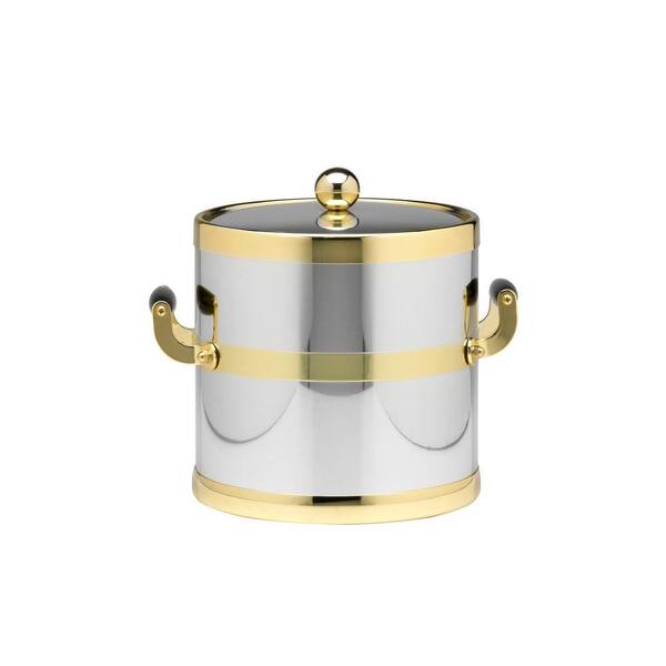 Kraftware Americano 3 Qt. Polished Chrome & Brass Ice Bucket with Brass Lid, Wood Side Handles
