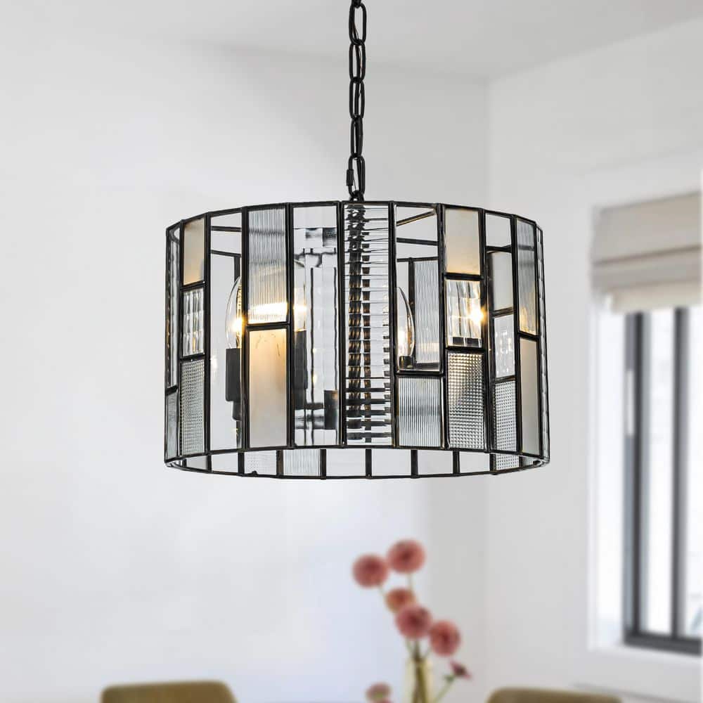 14 in. 4-Light Farmhouse Small Lantern Drum Chandelier in Matte Black with Art Glass for Dining Room price history on PriceWatchPro