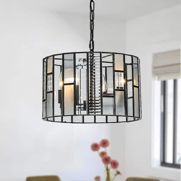 14 in. 4-Light Farmhouse Small Lantern Drum Chandelier in Matte Black with Art Glass for Dining Room