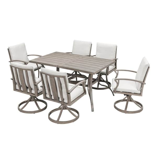 Limed Oak 7-Piece Aluminum Outdoor Dining Set with Rectangular Dining Table and Beige Cushions