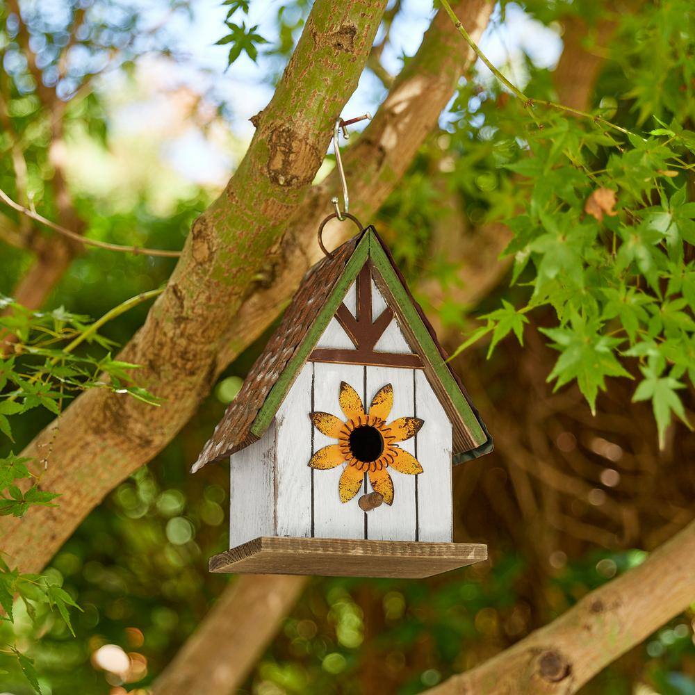 Distressed White and Brown Solid Wood Birdhouse with 3D Metal Flower