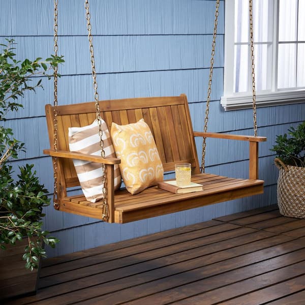 48 in. 2-Person Teak Color Solid Wood Porch Swing with 8 Feet Chains