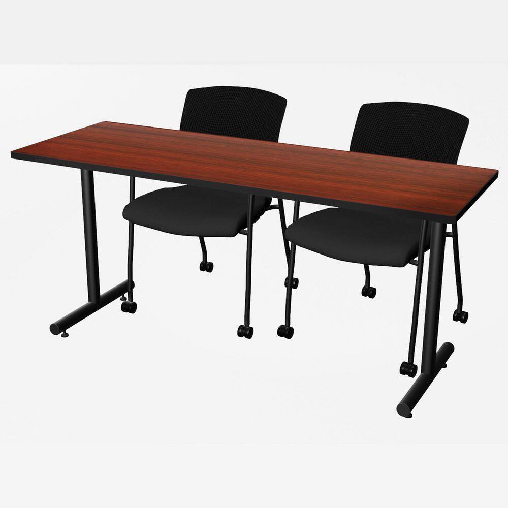 Kobe 66 in x 24 in. Mahogany T-Base Training Seminar Table Desk, 2 Knight Mesh Chairs
