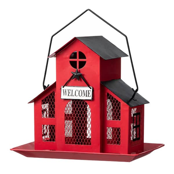 12 in. H Metal Red House Hanging Birdfeeder