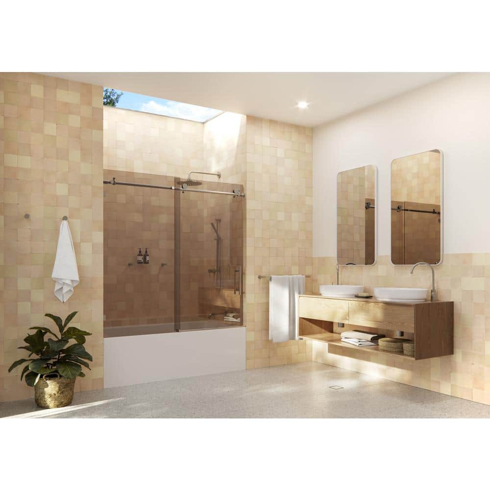 Equinox 60" Frameless Bronze Tinted Sliding Bathtub Door with Nickel Finish