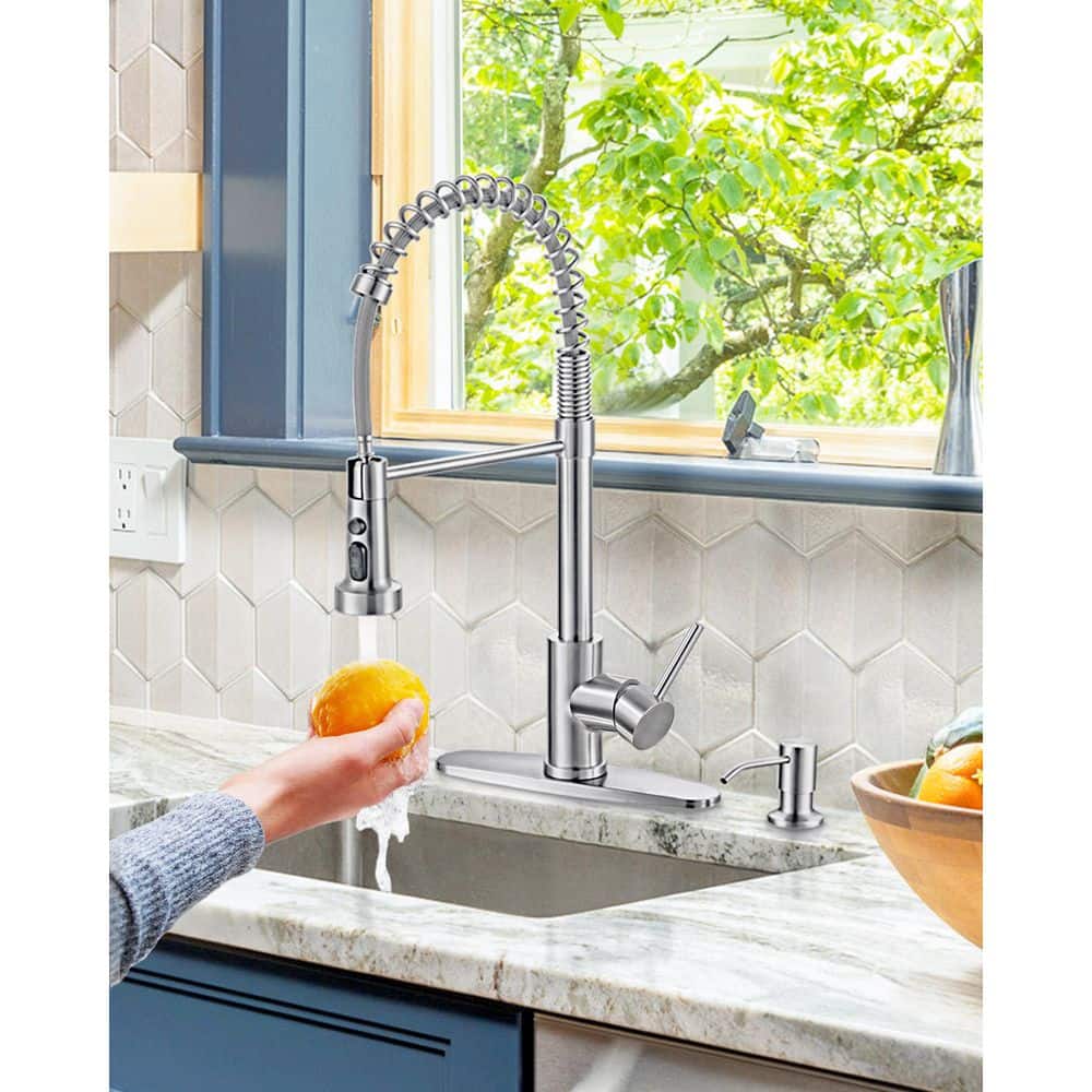 Brushed Nickel Single Handle Pull Down Kitchen Faucet with Soap Dispenser