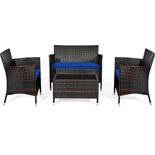 Gtnali 4-Piece Rattan Wicker Patio Conversation Set with Tempered Glass Coffee Table and Navy Cushions