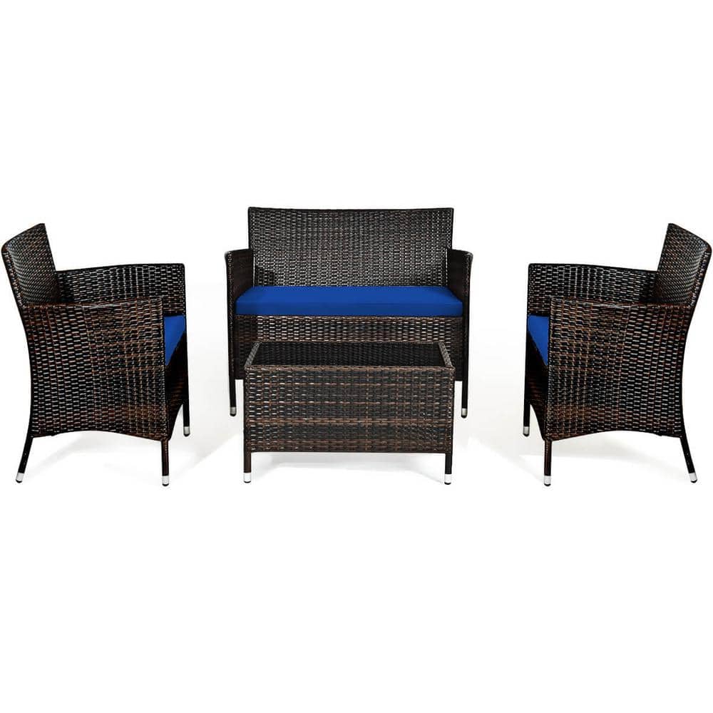 4-Piece Rattan Wicker Patio Conversation Set with Tempered Glass Coffee Tab