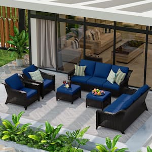 Brown Wicker 6-Piece Outdoor Patio Conversation Set with Blue Cushions and 2-Ottomans