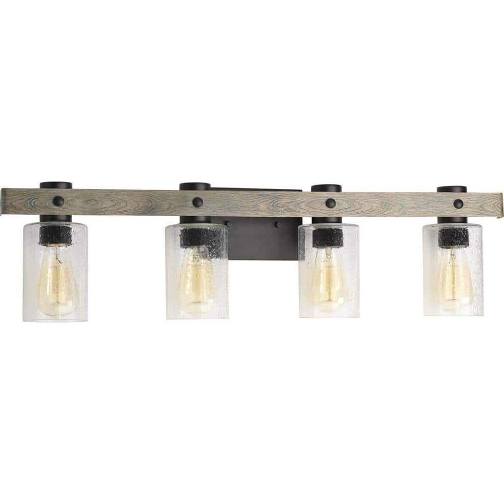 Graphite and Wood 4-Light Bath Vanity Fixture with Clear Seeded Shades