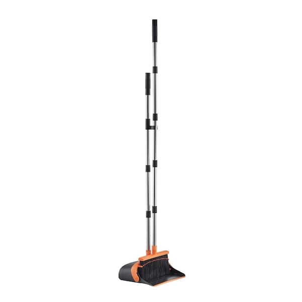 Heavy Duty Broom and Dustpan Set, Combo with Self-Cleaning Teeth, Metal Upright Pan with Long Handle, Black+Orange