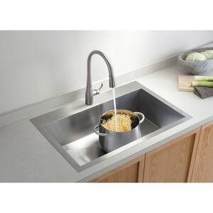 Vault Dual Mount Stainless Steel 33 in. 1-Hole Single Bowl Kitchen Sink with Basin Rack