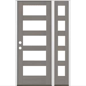 46 in. x 80 in. Modern Hemlock Right-Hand/Inswing 5-Lite Clear Glass Grey Stain Wood Prehung Front Door with Sidelite