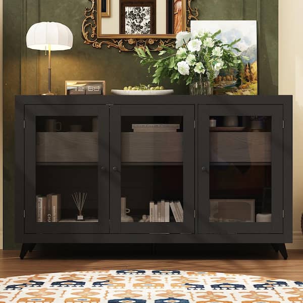 FUFU&GAGA Black Wooden 59 in. Width Accent Storage Cabinet, Sideboard with 3-Drawers, 4-Shelves, 3-Glass Doors and Thick Frame