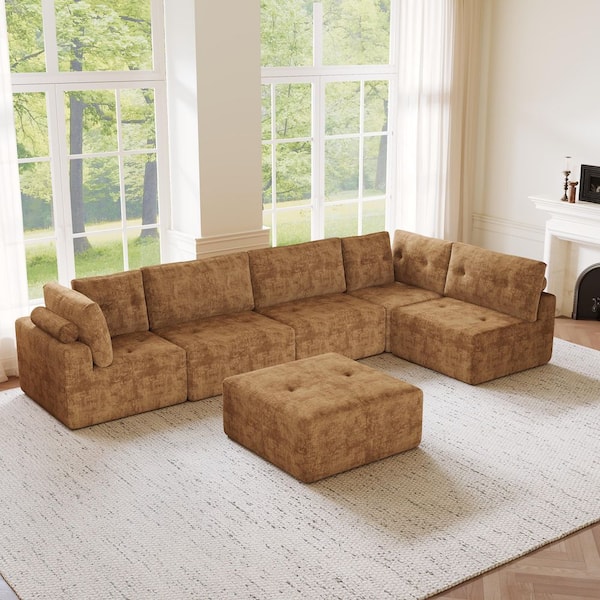 Modern 106.3 in. W Square Arm Corduroy Velvet Convertible Multi-Combination Rectangle Sofa in Brown