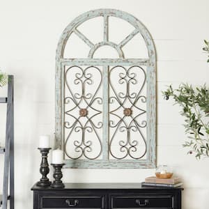 Light Blue Wood Arched Window Inspired Wall Decor with Metal Scrollwork Relief