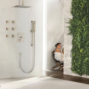 Thermostatic Single-Handle 3-Spray Patterns 12 in. Ceiling Mount Rainfall Shower Faucet in Brushed Gold (Valve Included)