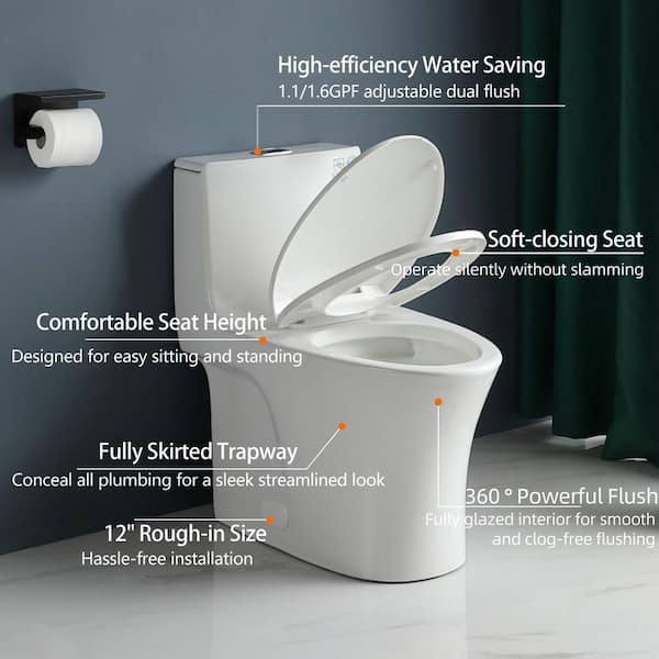 Power Flush 1-Piece 1.1/1.6 GPF Dual Flush Elongated 15.1 in. Toilet in White, Slow-Close Seat Included