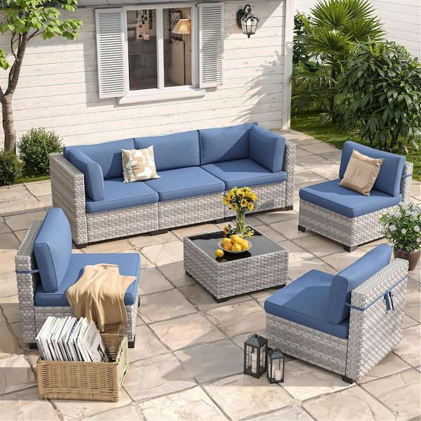7-Piece Wicker Outdoor Patio Conversation Seating Set with Navy Cushions