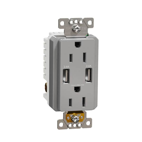 Square D X Series 15 Amp 125-Volt Tamper Resistant Indoor USB A/A 4.8 Amp Duplex Decorator Outlet Back Wire Clamps Matte Gray
