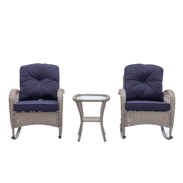 Unbranded Modern Gray 3-Piece Wicker Rocking Outdoor Bistro Set with Navy Blue Cushion