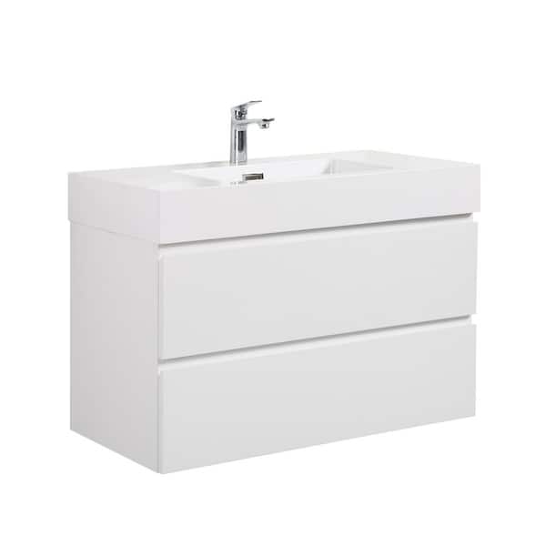 36 in. Single Sink Floating White Bath Vanity with White Ceramic Top (Assembled), DTC Soft-closing Drawers