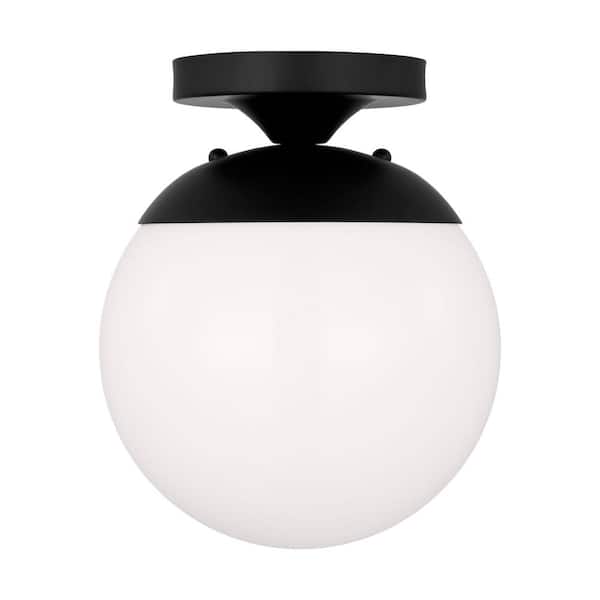 Leo 8 in. 1-Light Midnight Black Flush Mount with White Glass Shade