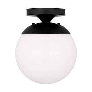 Leo 8 in. 1-Light Midnight Black Flush Mount with White Glass Shade
