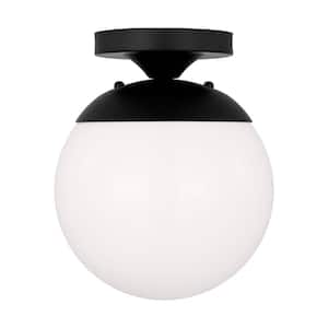 Leo 8 in. 1-Light Midnight Black Flush Mount with White Glass Shade and LED Light Bulb