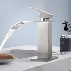 Waterfall Spout 1-Handle Low Arc 1-Hole Bathroom Faucet with Deckplate and Pop-up Drain in Brushed Nickel