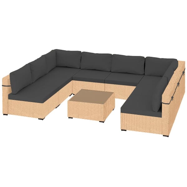 PATIOGUARDER 9-Piece Beige Wicker Patio Conversation Set with Dark Gray Cushions and Coffee Table