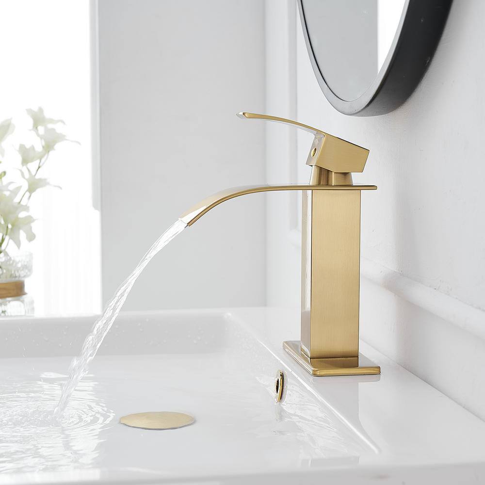 Brushed Gold Single Handle Low-Arc Bathroom Faucet with Drain