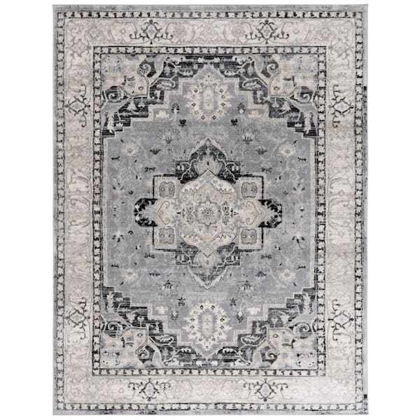 Brentwood 6 ft. x 9 ft. Silver/Black Distressed Medallion Area Rug