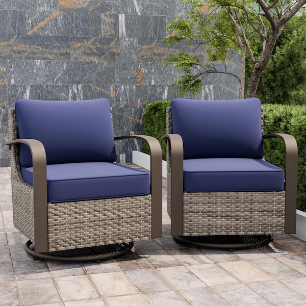 Outdoor Swivel Wicker Outdoor Rocking Chair with Blue Cushion (Set 2-Pack)