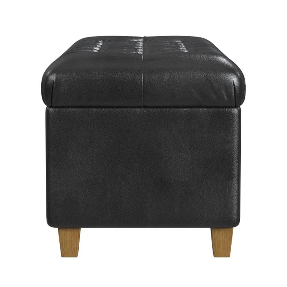 Black Faux Leather Tufted Storage Cocktail Bench with Oak Legs