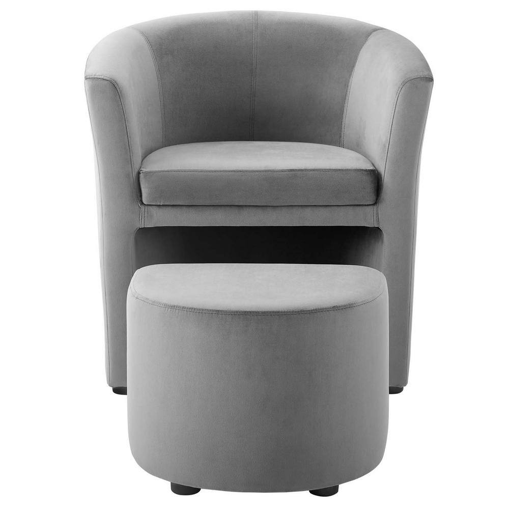 Gray Velvet and Wood Accent Chair with Ottoman