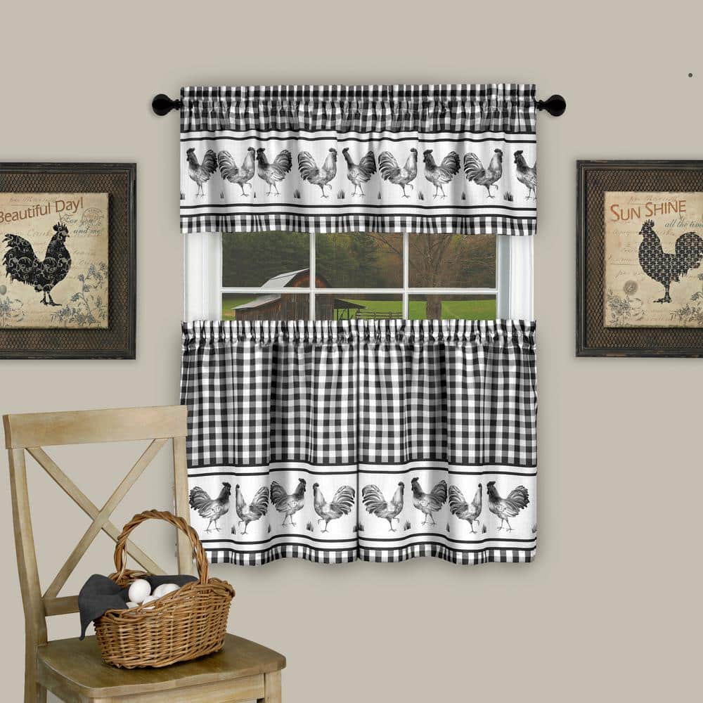 Black Gingham Rooster Print Kitchen Curtain Set, 58 x 24