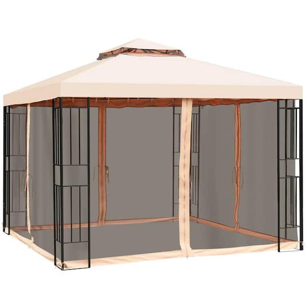 Gymax 10 ft. x 10 ft. Metal Gazebo with Mosquito Netting Canopy Gazebo  Tier Vented Gazebo Top Light Brown GYM02455 The Home Depot