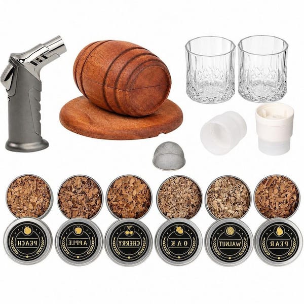 14-Piece Natural Brown Oak Wood and Metal Cocktail Smoker Infuser Kit
