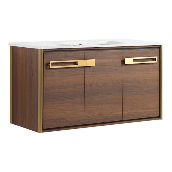FINE FIXTURES Oakville 42 in. W x 18 in. D x 23.25 in. H Wall Mounted Bathroom Vanity in Brown with White Ceramic Sink Top