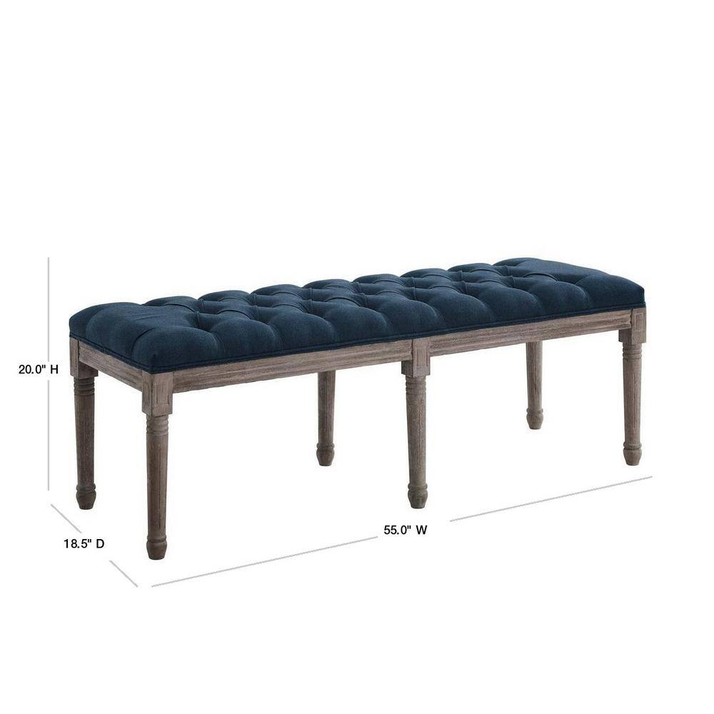 Navy French Vintage Upholstered Fabric Bench with Wood Legs