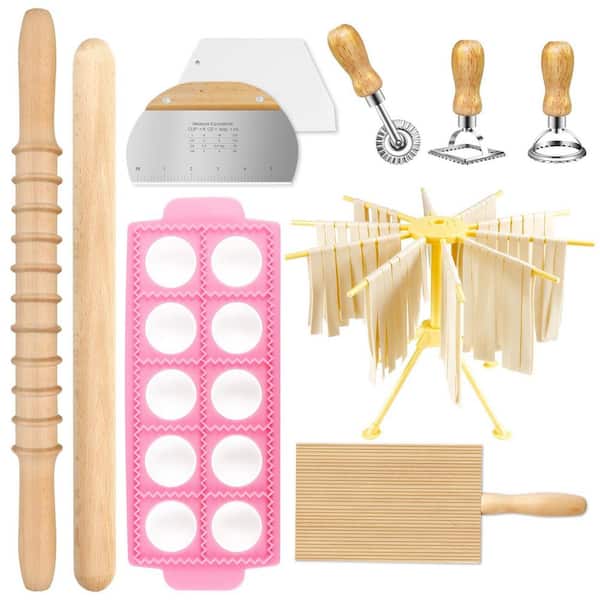 10 Piece Natural Finish Multi-Use Pasta Making Kit with Drying Rack, Ravioli Cutter, Stamps, Gnocchi Board
