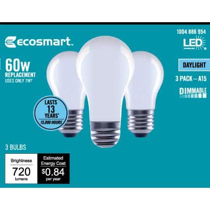 60-Watt Equivalent A15 Dimmable Frosted Glass Decorative Filament LED Vintage Edison Light Bulb Daylight (3-Pack)