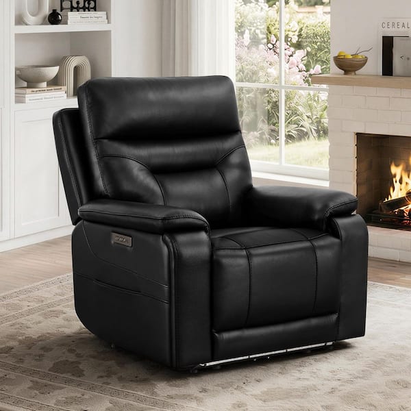 Mysa Black Top Grain Leather Power Recliner with Dual Motors, 165°Lay Flat, Power Headrest, Cup Holders, USB and Type-C