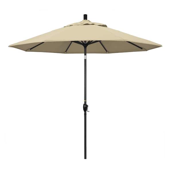 California Umbrella 9 ft. Black Aluminum Pole Market Aluminum Ribs Push Tilt Crank Lift Patio Umbrella in Antique Beige Sunbrella