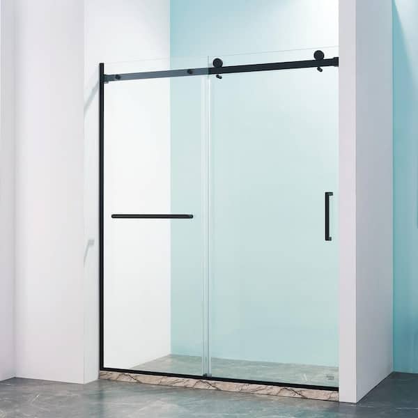 ANGELES HOME 56-60 in. W x 75 in. H Sliding Semi-Frameless Shower Door in Matte Black Finish with 5/16 in. (8mm) Tempered Clear Glass
