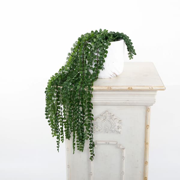 Flora Bunda 17.5 in. Artificial L Faux String of pearls in 4.75 in. Artificial Marble Gold Finish Cement Planter