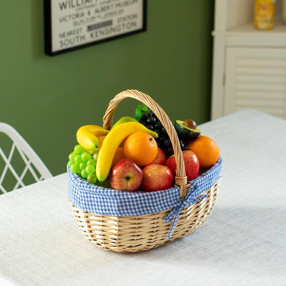 Large Natural Wicker Picnic Basket with Blue Plaid Liner